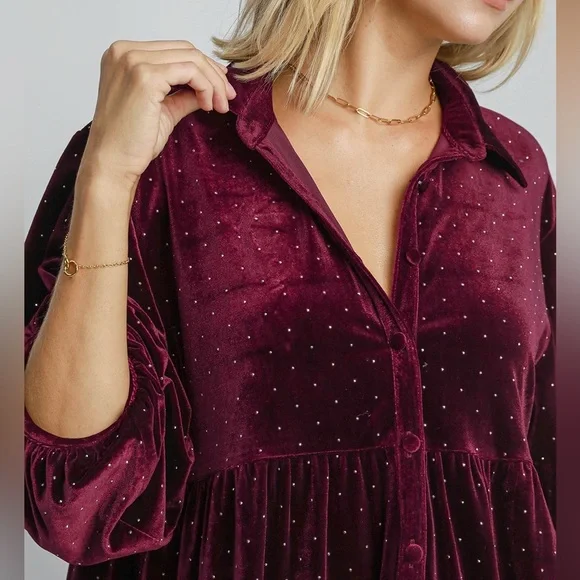 NWT Umgee PLUS + REG Size Red Polka Dot Button Down Babydoll Style Shirt Top - Picture 2 of 6